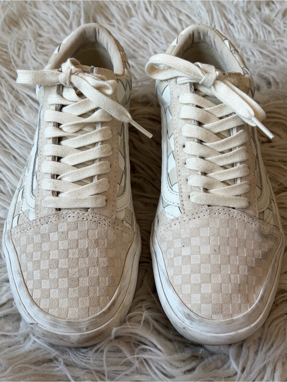Vans Old Skool Platform Checkerboard Woven Lace Up Beige White Sneakers Shoes 8 - Picture 6 of 11